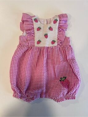 iris & ivy Pink Gingham Strawberry Embroidered Baby One-Piece
